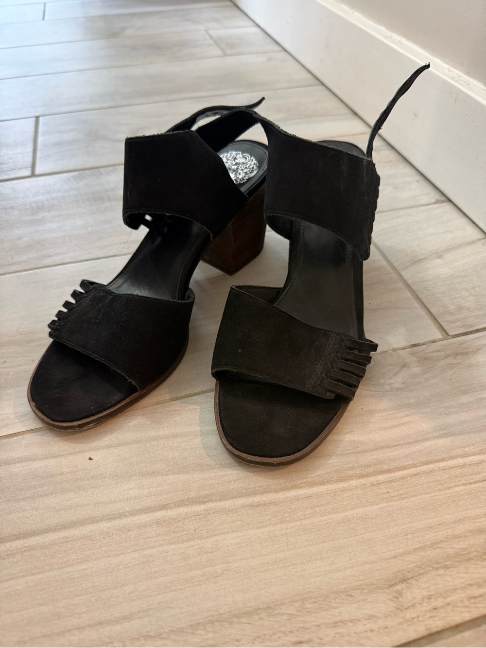 Vince Camuto Black Suede Fringe Block Heel Sandals